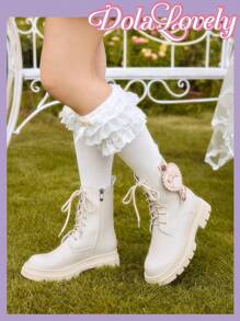 Dola Lovely Women's Fashionable & Elegant Casual Round Toe Lace-Up Side Zipper Sexy Heart & Bow Decor Classic British Style Thick-Sole Beige Ankle Boots