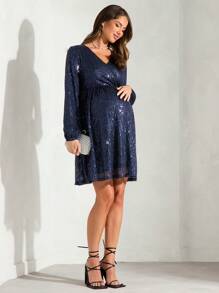 MaterniChic Maternity V-Neck Long Sleeve Tie Sequin Party Dress For Pregnant Women, Suitable For Party & Baby Shower, Autumn - Navy Blue - View 6