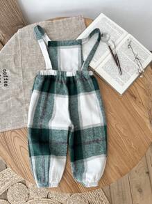 SHEIN Baby Girl Plaid Print Jumpsuit Outfit, Suitable For Outings & Christmas Events - Green - View 2
