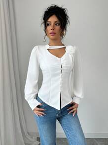 Chiquease Blusa elegante de cuello en V con estampado floral y diseño fruncido para mujer, camisa femenina con diseño plisado y favorecedor - Blanco - Ver 6