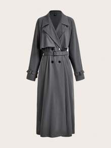 Mulvari 女士纯色翻领长袖双排扣长款优雅外套，春秋季 - 深灰色 - 查看 6