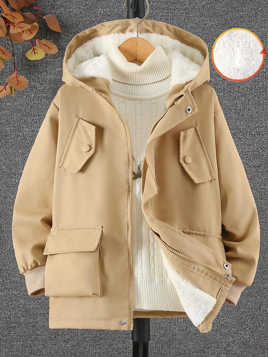 SHEIN Tween Boy Casual Solid Fleece Hooded Jacket, Fall/Winter - Khaki - View 1