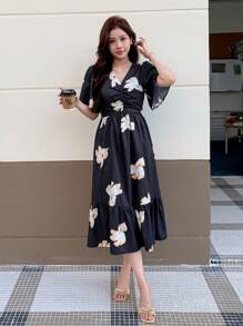 DAZY Women's V-Neck Allover Floral Print Dress Sundress,Dress For Wedding - Black - View 8