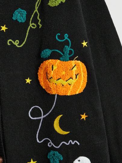 Fairycore Plus Size Women Cottagecore Pumpkin Vine Ghost Moon Embroidered Cardigan Sweater