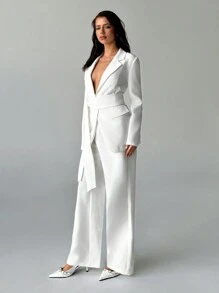 Aloruh 2 pezzi Completo tailleur bianco da donna: Giacca blazer e pantaloni di colore tinta unita - Bianco - Visualizzare 6