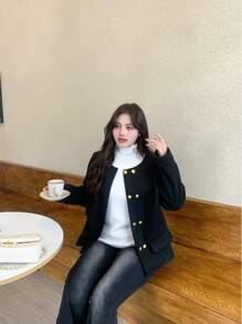 Calvaya Short Length Crew Neck Button Down Cardigan Jacket, Minimalist Design For Plus Size Women, Casual/Work Wear - Black - View 3