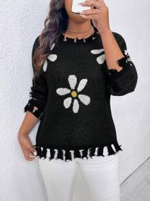Calvaya Sweater Rajut Pullover Longgar Bermotif Bunga Model Bahu Jatuh untuk Wanita Ukuran Besar, Cocok untuk Musim Gugur dan Musim Dingin. - Hitam - View 5