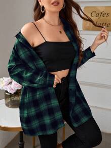 Calvaya Plus Size Dames Plaid Drop Shoulder Lange Mouw Losse Casual Shirt Voor De Herfst