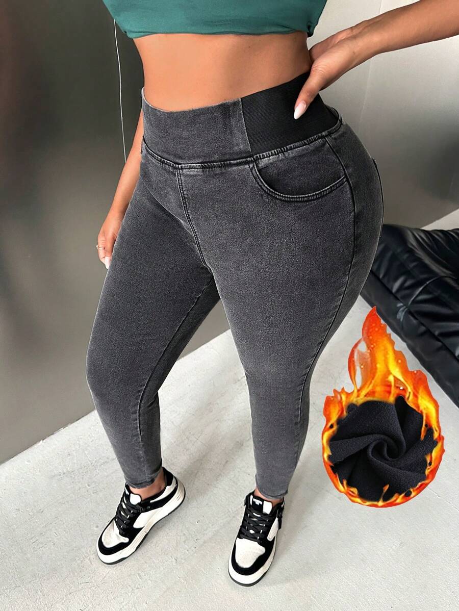 Slaydiva Plus Size High Waist Stretchy Black Skinny Fit Jeans - Black - View 1