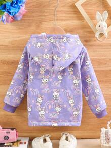 SHEIN Young Girls Rabbit Pattern Hooded Thermal Lined Jacket, Children Casual Cardigan For Back To School, Fall/Winter - Purple - View 2
