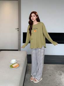 DAZY Conjunto de pijama informal con sudadera holgada con estampado de pan y pantalones a cuadros para el otoño