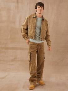 HIMLAND Men Premium Cotton Denim Cargo Loose Straight Leg Jeans