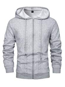 Manfinity Homme Men's Solid Color Front Zipper Long Sleeve Drawstring Hoodie, Casual Daily Wear - Light Grey - View 1