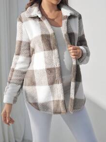 SHEIN Maternity Flannel Long Sleeve Jacket With Drawstring & Button, For Pregnant Women - Khaki - View 4