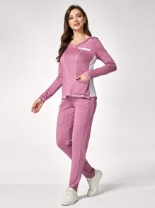 TaskEZ Contrast Color V-Neck Long Sleeve Top And Pocket Pants Casual Uniform Scrub Set