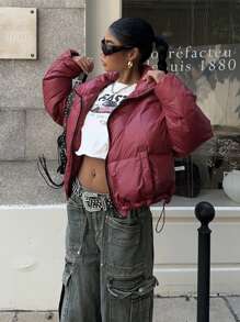 SHEIN EZwear Women's Solid Color Front Zipper Long Sleeve Casual Down& Feathers Jacket - Red - View 3