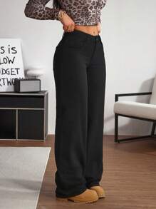 SHEIN Tall 女式休闲直筒牛仔裤，带斜口袋，秋季 - 黑色 - 查看 5