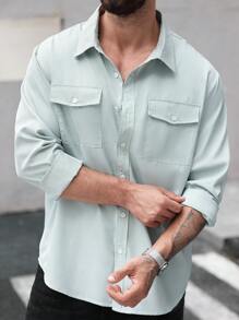 Manfinity Homme Áo sơ mi nam sọc dài tay túi hộp cỡ lớn thường ngày, mùa thu - màu xanh lá - Xem 5