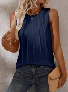 EMERY ROSE Women'sSolid Round Neck Toothpick Design Casual Loose Tank Top, Summer - Navy Blue - View 4