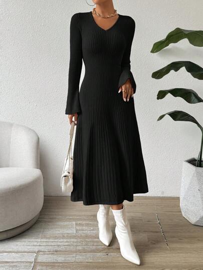 SHEIN Clasi Women's Elegant Cinched Waist Flared Cuff Knitted Long Sleeve Dress Fall Winter Cloth For Women