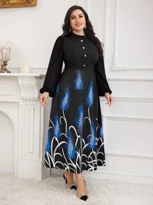 Modelyn Plus Size Feather Print Patchwork Long Sleeve Button Front Casual Dress Long Evening Dresses