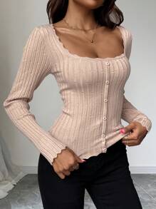 Chiquease 女士圆领长袖纯色纽扣修身毛衣，秋冬季针织套头衫 - 杏色 - 查看 7
