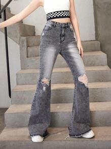 Teen Girl Ripped Raw Hem Flare Leg Jeans - Grey - View 3