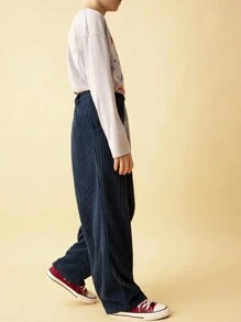 SHEIN Tween Boys Blue Stretch Corduroy Elastic Waist Loose Fit Wide Leg Casual Pants, Suitable For Autumn/Winter
