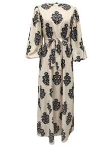 女士花卉印花圆领灯笼袖优雅阿拉伯朴素长袖连衣裙 - 彩色 - 查看 3