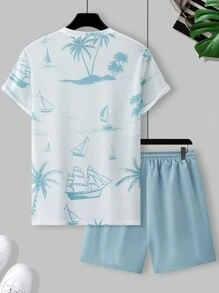 Manfinity RSRT Bộ áo thun nam cổ tròn tay ngắn in hình cây cọ mùa hè kèm quần short cạp rút, trang phục thoải mái, đi nghỉ mát - Nhiều màu - Xem 2