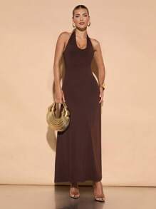 SHEIN BAE 女式露背长款紧身连衣裙，秋冬季纯卡其色、咖啡色、棕色连衣裙，适合分层搭配、鸡尾酒会、浪漫约会、正式聚会、婚礼伴娘、夜间外出、万圣节、圣诞节