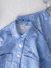 SHEIN Bộ 2 áo khoác dài tay in hình trái tim màu xanh cho bé gái và quần dài in hình trái tim màu xanh, phù hợp cho mùa thu đông - Màu xanh lam - Xem 9