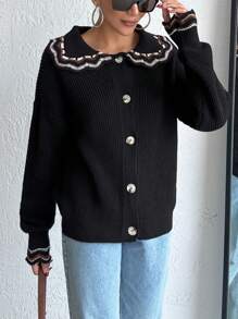 EURMUSE Woman Collar Detailed Ruffled Regular Fit Casual Style Winter Cardigan - Black - View 3