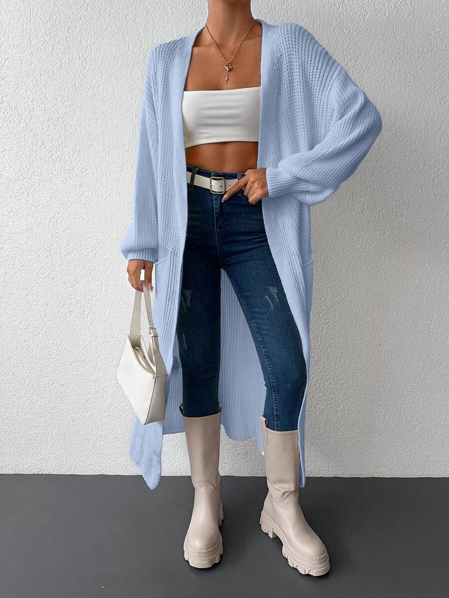 Women's Loose Drop Shoulder Solid Color Knitted Cardigan With Large Pockets - Baby Blue - View 1