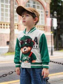 SHEIN 年轻男孩绿色和白色对比熊印花前扣长袖夹克，适合秋季 - 彩色 - 查看 5