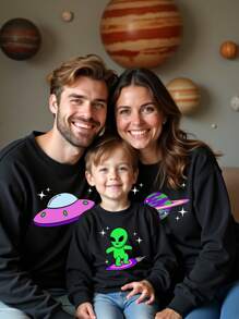 SHEIN Young Boy Alien Planet UFO Spaceship Family Alien Baby Printed Casual Round Neck Black Sweatshirt Autumn And Winter - Black - View 1