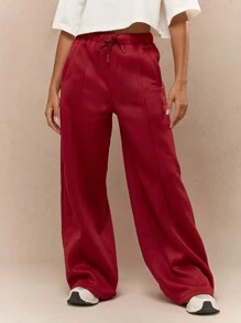 MISSGUIDED Pleat Stitch Wide Leg Pants With Drawstrings Christmas - Burgundy - View 1
