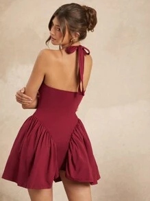 Hauture Halter Neck Drop Waist Tulip Pleated Skirt Dress - Red - View 3