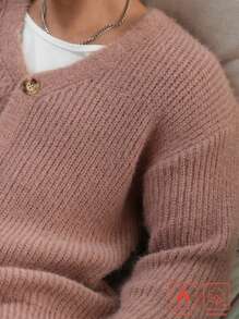 Manfinity Roghcode Men's Solid Color Single-Breasted V-Neck Casual Cardigan, Autumn/Winter - Camel - View 4