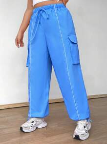 Flirla Plus Size Women Elastic Waist Drawstring Cargo Pants With Contrast Trim
