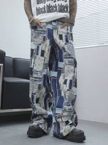 PAVTROS 男士全印花口袋设计休闲宽松百搭牛仔裤，宽牛仔裤长款宽松拼色洗水工装牛仔裤，适合丈夫、男朋友的礼物 - 彩色 - 查看 3