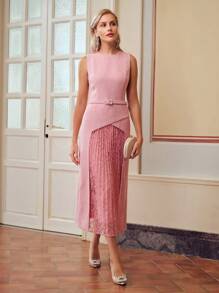 ZEYLAH 粗花呢蕾丝褶饰面板扣带腰带中长连衣裙 - 粉色 - 查看 5