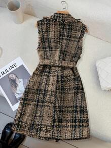SHEIN Clasi Plaid Pattern Raw Trim Double Breasted Tweed Vest Overcoat - Multicolor - View 3