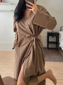 DAZY Plain Loose Belted Robe Pajama - Coffee Brown - View 4