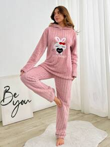 RueChic 2pcs Fuzzy Rabbit Embroidery With Hoodie Detail Homewear PJ Set - Baby Pink - View 3