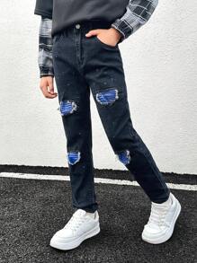 SHEIN Tween Boy Ripped Frayed Jeans - Dark Grey - View 3