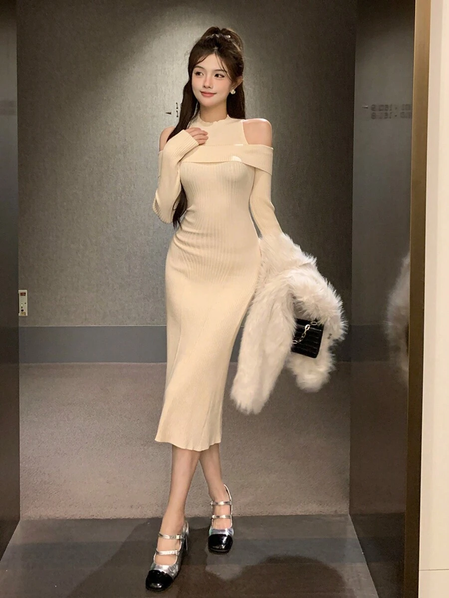 DAZY Women's Off Shoulder Fitted Knitted Sweater Dress,Fall Clothes - Beige - View 1