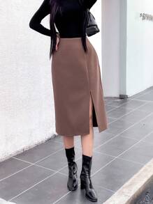 SHEIN Unity 女士休闲秋季侧拉链开衩下摆 A 字裙 - 棕色 - 查看 3