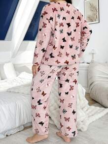 Butterfly Print Flannel Oblique Collar Shirt And Pants Plus Size Women Pajama Set, Casual