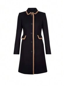 Chiquease 女士休闲撞色边饰单排扣大衣，适合秋季